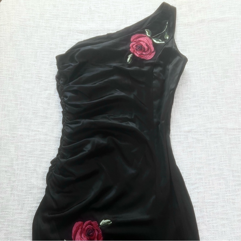 Voodoo Vixen Black One-Shoulder Dress with Pink Rose Embroidery